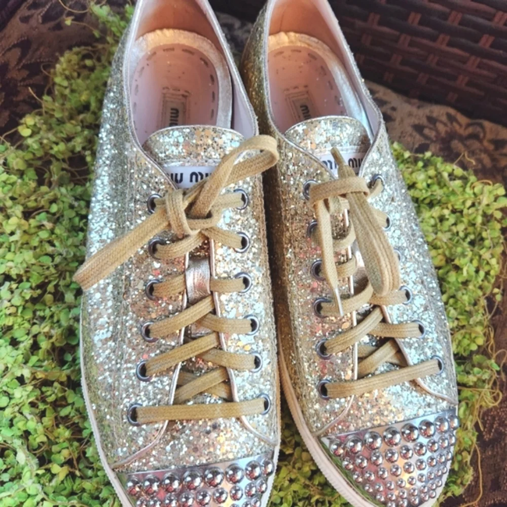 MIU MIU Gold Glitter Sparkle Silver Studs Toe Lace Up Flat Luxury Sneakers 40 - Picture 8 of 16